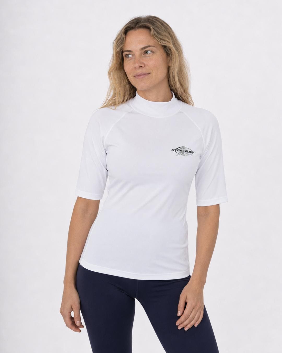 Woman wearing a white UV swim shirt UPF 50+ on a white background