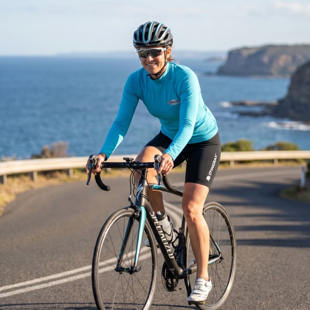 Woman cycling in UV protection shorts