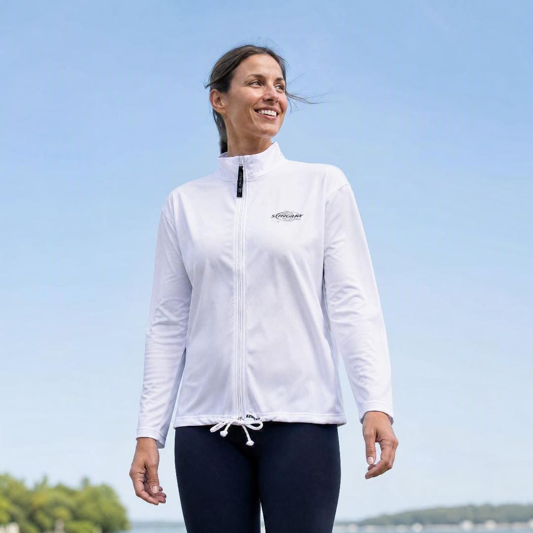 Woman wearing UV jacket UPF 50+ in the sun