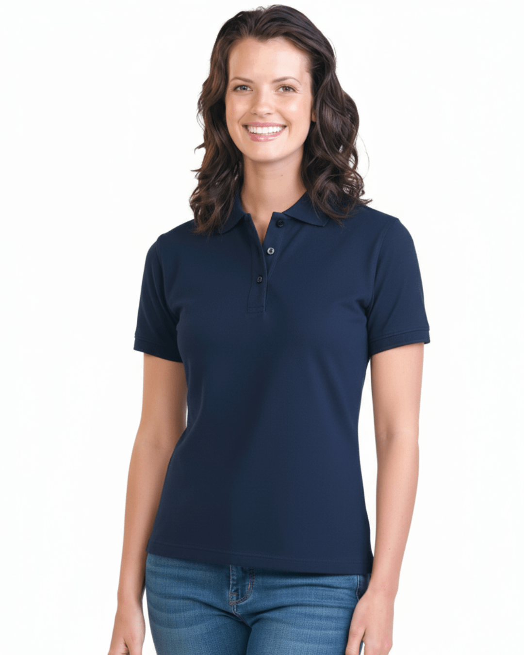 Woman wearing a navy UPF 50+ blue polo shirt on a white background