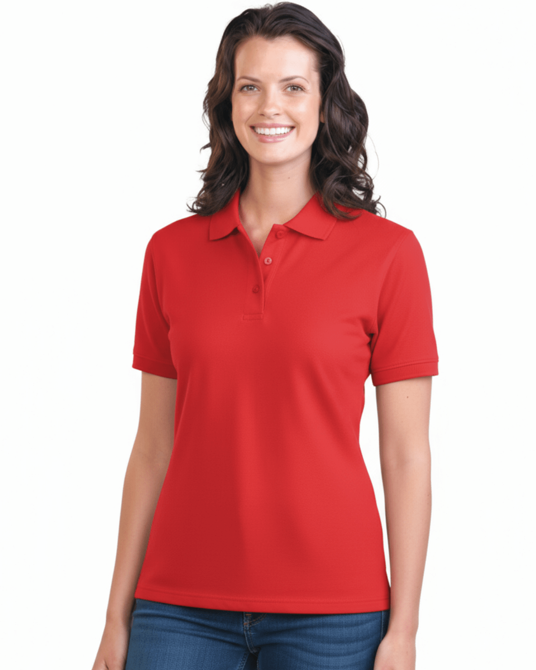Woman wearing a red UPF 50+ polo shirt on a white background
