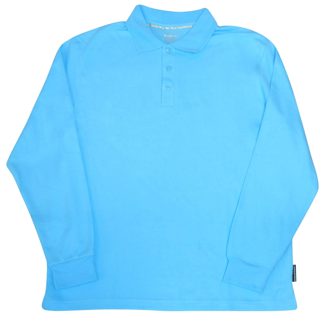 Light blue long-sleeve UV polo shirt on a white background