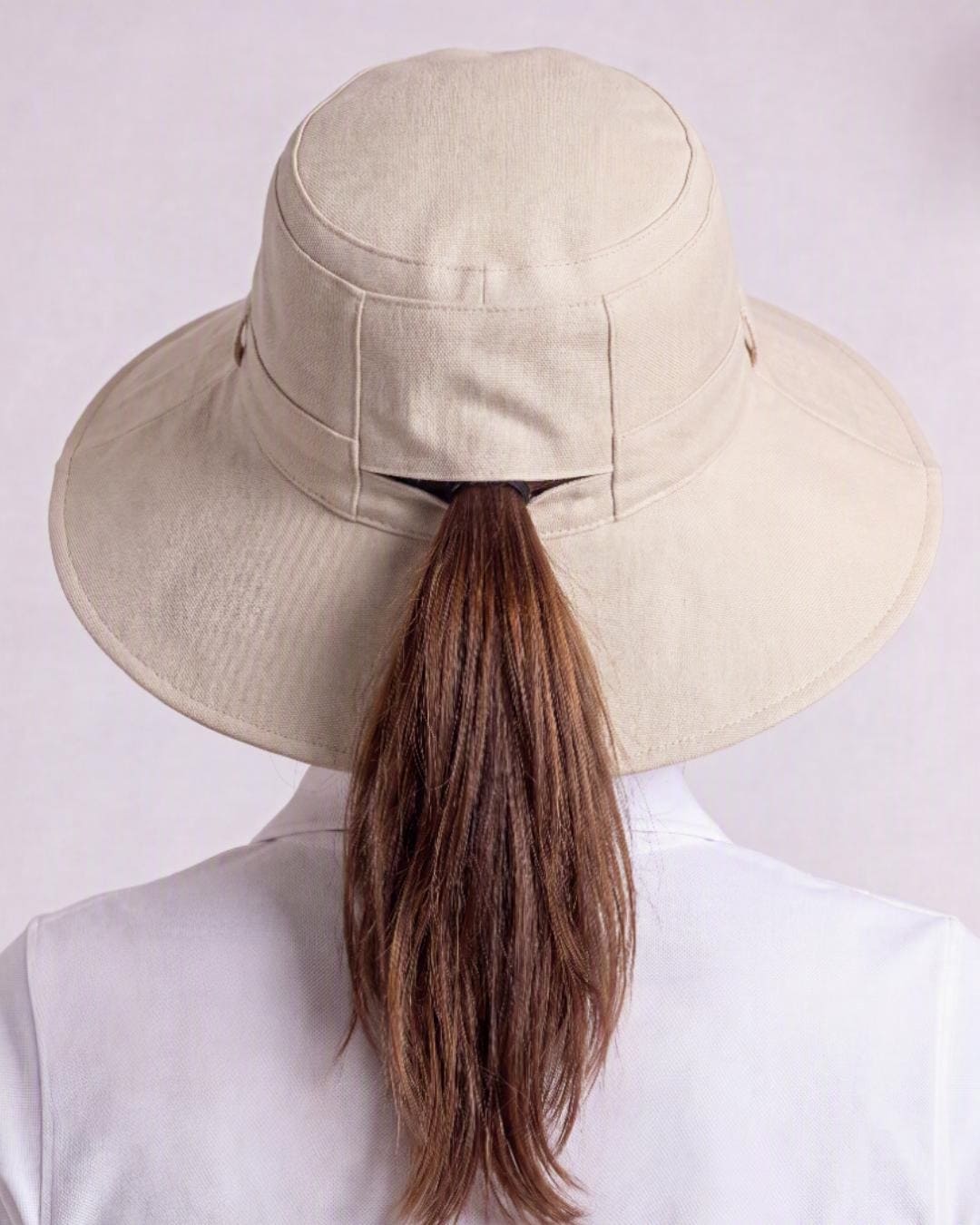 Womens Reversible UV Wide Brim Sun Hat UPF 50+ Desert Sand on inside and Oatmeal on outside No Ribbon - Close-up of the back on model