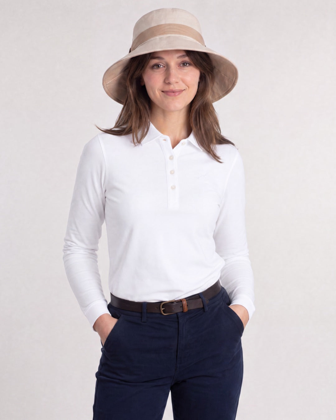 Womens Reversible UV Wide Brim Sun Hat UPF 50+ Desert Sand on inside and Oatmeal on outside Ribbon is Desert Sand - On Model