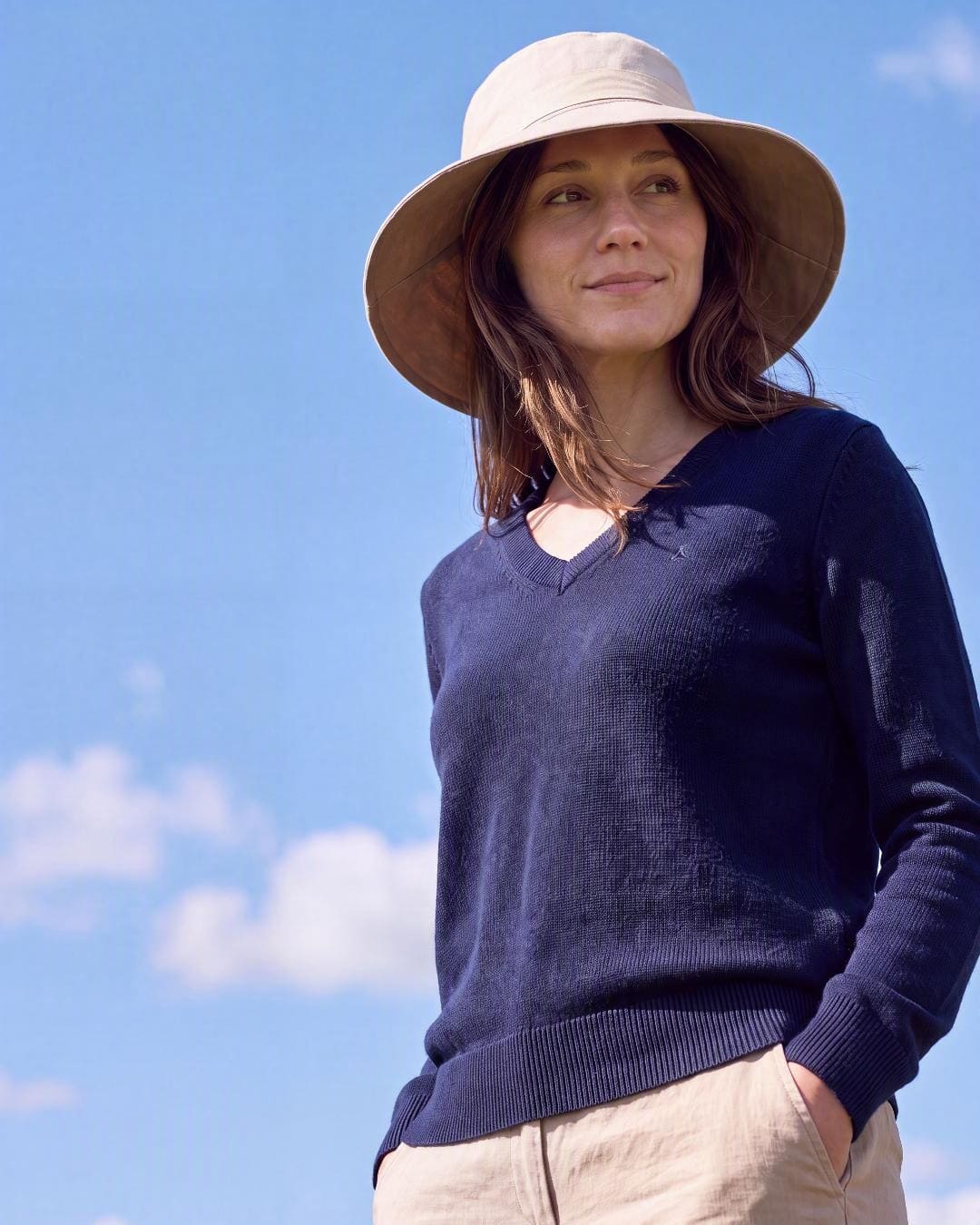 Womens Reversible UV Wide Brim Sun Hat UPF 50+ Desert Sand on inside and Oatmeal on outside Ribbon is Oatmeal - On Model lifestyle