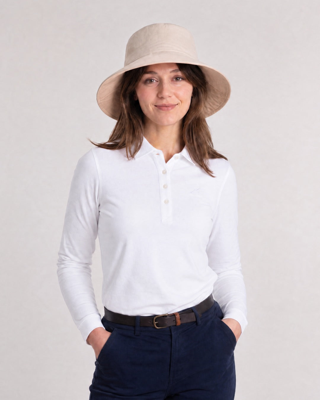 Womens Reversible UV Wide Brim Sun Hat UPF 50+ Desert Sand on inside and Oatmeal on outside - On Model