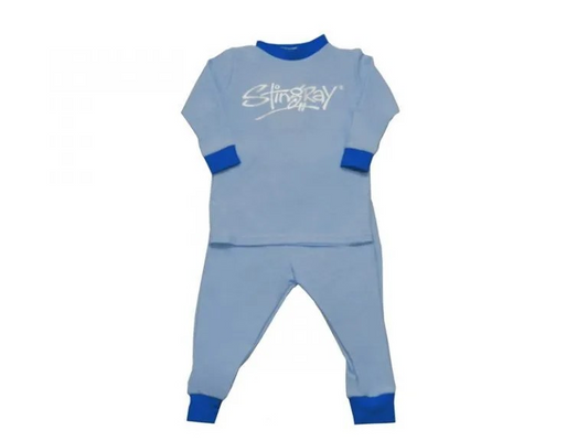 Blue Stingray Toddler Two-Piece Sunsuit, featuring a long-sleeve top and leggings for full-body sun protection and comfort.