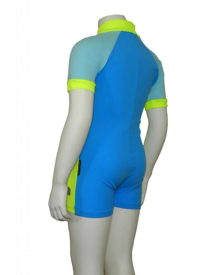 Best aqua yellow and azure Stingray Girl’s Active Sunsuit UPF 50+ in three-tone design. This swim suit comes with a front zip for comport and full-body coverage for sun protection.