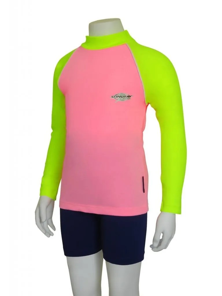 Pink and yellow Stingray Kids' Long Sleeve Rash Shirt, featuring full arm coverage and a high collar, crafted from chlorine-resistant fabric for ultimate sun protection.