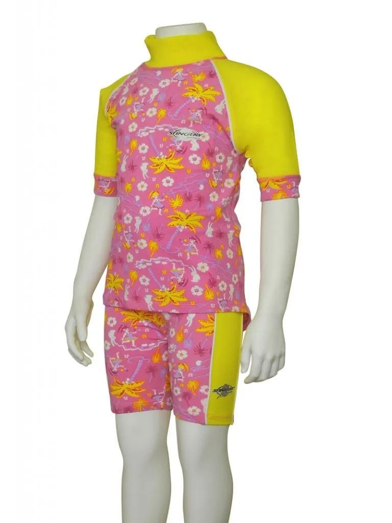 Hawaii and yellow Stingray Kids' Short Sleeve Rash Shirt in durable, soft chlorine-resistant fabric, offering UPF 50+ sun protection and designed for outdoor and water activities.