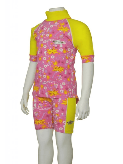 Hawaii and yellow Stingray Toddler Kids' Short Sleeve Rash Shirt in durable, soft chlorine-resistant fabric, offering UPF 50+ sun protection and designed for outdoor and water activities.