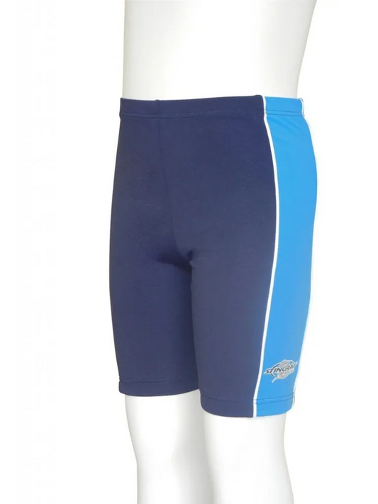 Navy Stingray Kids' Swim Shorts UPF 50+, featuring a contrasting azure side panel and superior sun protection for swimming, water activities and outdoor play.