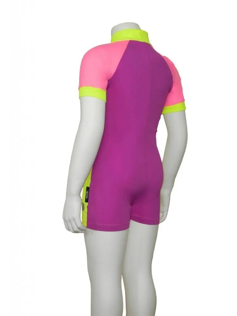 Best pink and yellow and purple Stingray Girl’s Active Sunsuit UPF 50+ in three-tone design. This swim suit comes with a front zip for comport and full-body coverage for sun protection.