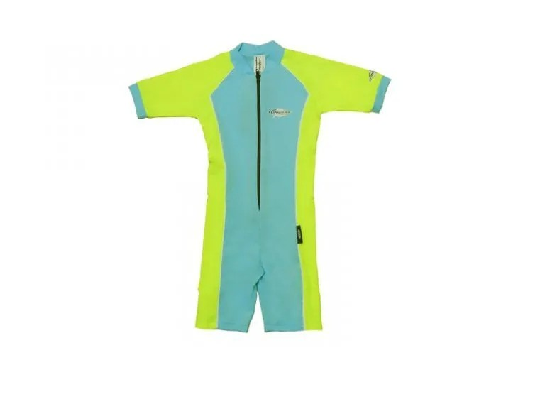 Aqua and yellow Stingray Toddler Short Sleeve Sunsuit UPF 50+, offering full-body coverage and blocking over 97.5% of harmful UV rays. Perfect for swimming and outdoor activities.