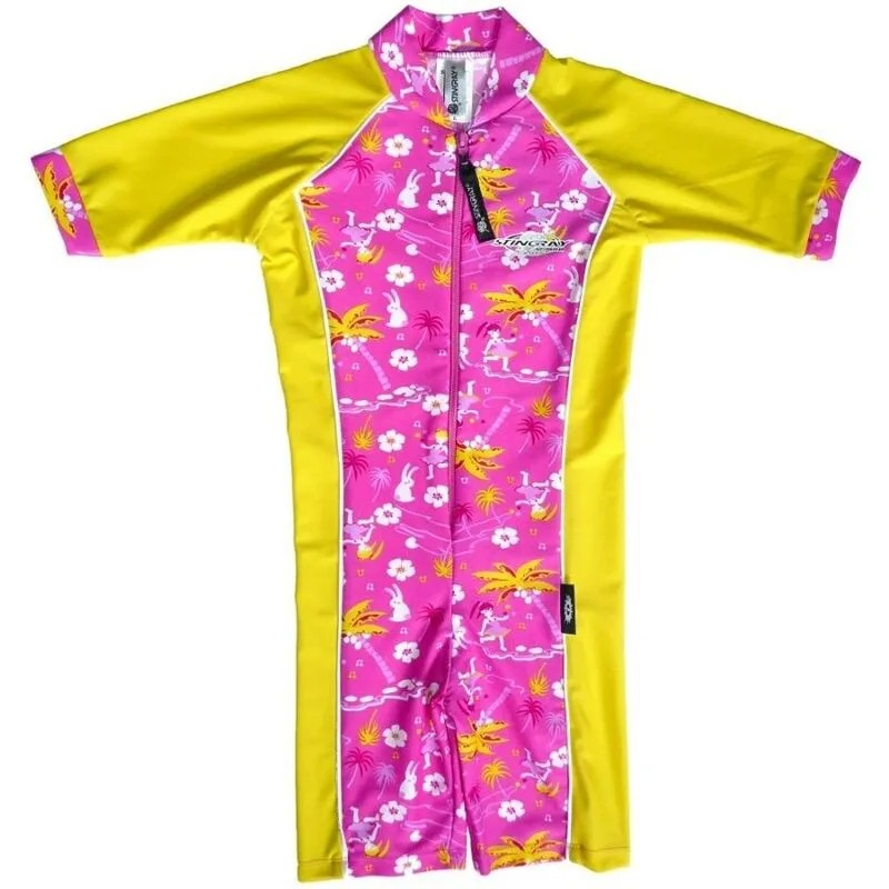 Hawaii and yellow Stingray Toddler Short Sleeve Sunsuit UPF 50+, offering full-body coverage and blocking over 97.5% of harmful UV rays. Perfect for swimming and outdoor activities.