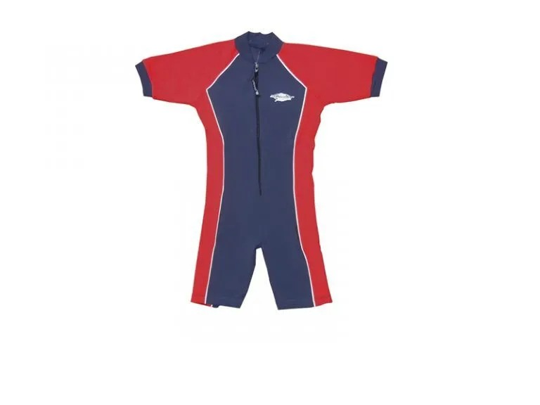 Navy and red Stingray Toddler Short Sleeve Sunsuit UPF 50+, offering full-body coverage and blocking over 97.5% of harmful UV rays. Perfect for swimming and outdoor activities.