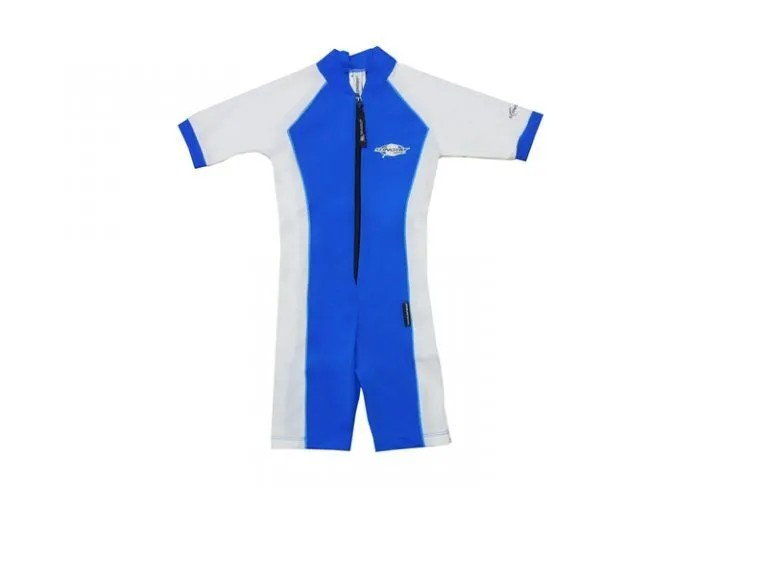 Ocean blue and white Stingray Toddler Short Sleeve Sunsuit UPF 50+, offering full-body coverage and blocking over 97.5% of harmful UV rays. Perfect for swimming and outdoor activities.