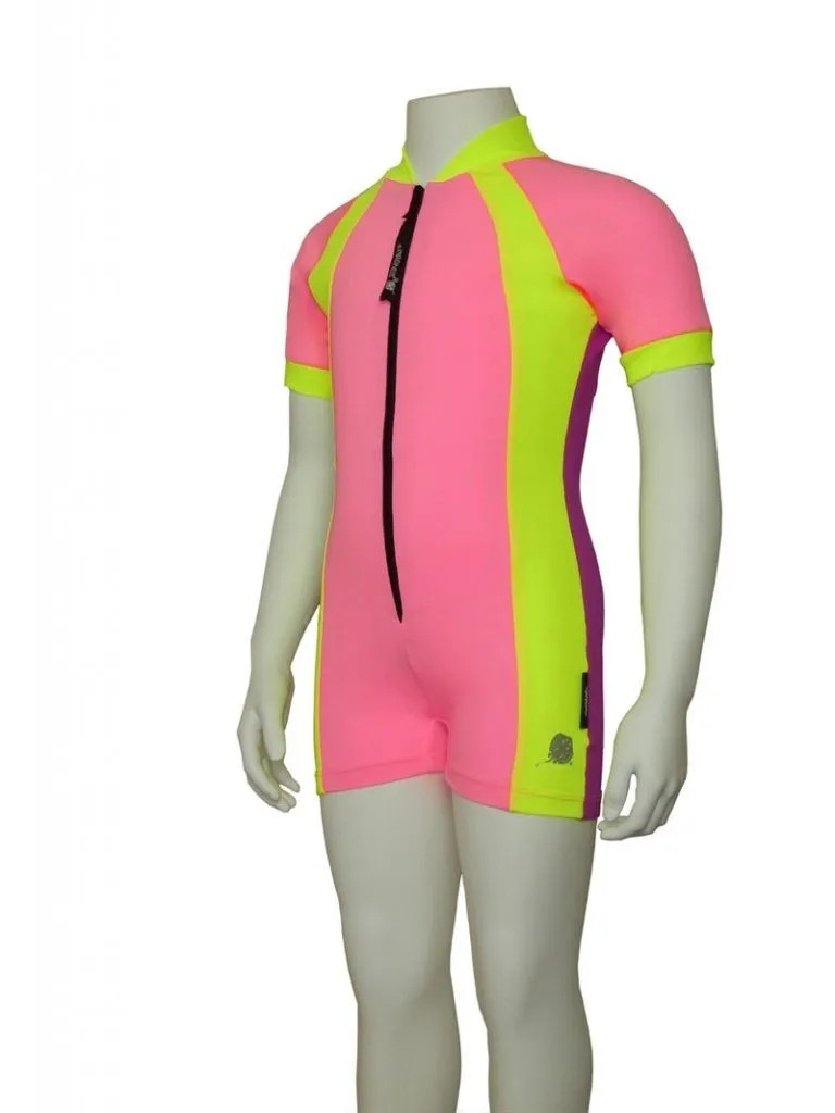 Best pink and yellow Stingray Girl’s Active Sunsuit UPF 50+ in three-tone design. This swim suit comes with a front zip for comport and full-body coverage for sun protection.