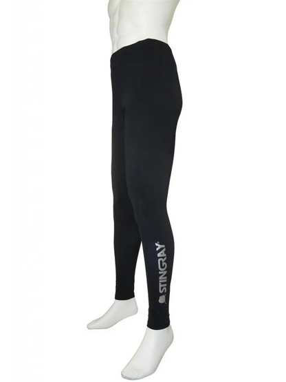 Best black Stingray adult swim leggings with UPF 50+ sun protection, dual logos, made from chlorine-resistant fabric, featuring an elastic waist for comfort.