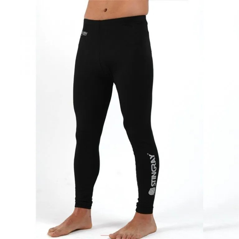 Best black Stingray adult swim leggings with UPF 50+ sun protection, dual logos, made from chlorine-resistant fabric, featuring an elastic waist for comfort.