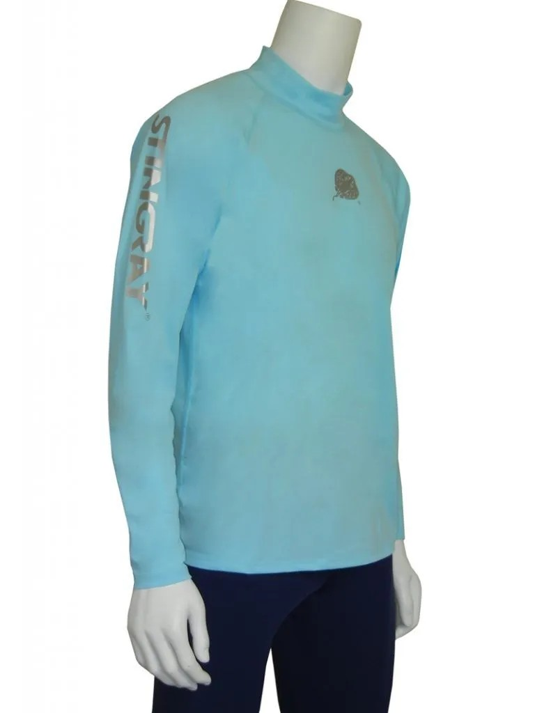 Stingray aqua unisex long sleeve rash shirt with UPF 50+ sun protection, made from chlorine-resistant Italian fabric for swimming and outdoor activities.