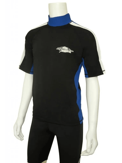 Best black royal blue and white Stingray adult short sleeve rash shirt with UPF 50+ sun protection, made from chlorine-resistant fabric, providing comfort for outdoor and water activities.