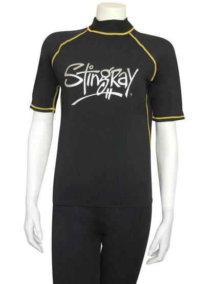 Best black Stingray adult short sleeve rash shirt - sport style with UPF 50+ sun protection, made from chlorine-resistant fabric with contrasting flatlock stitching.