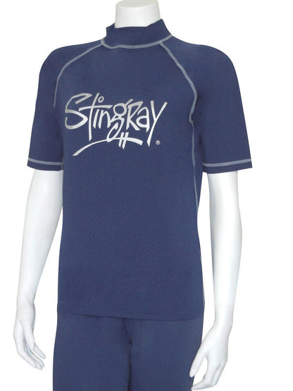 Best navy Stingray adult short sleeve rash shirt - sport style with UPF 50+ sun protection, made from chlorine-resistant fabric with contrasting flatlock stitching.