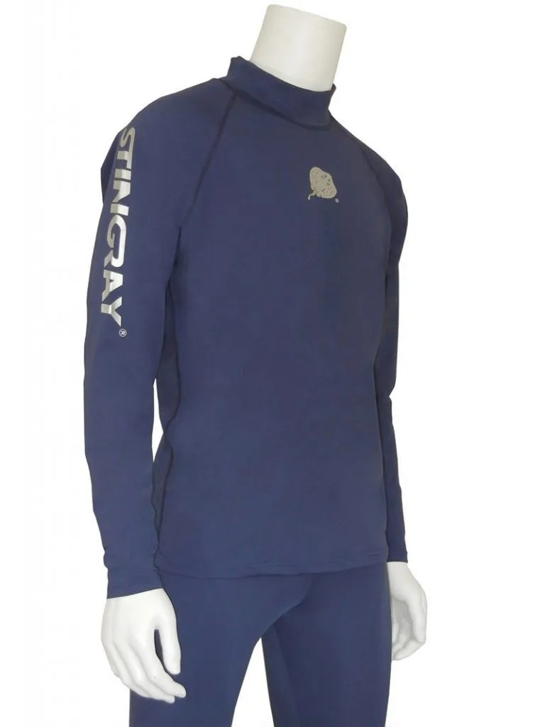 Stingray navy unisex long sleeve rash shirt with UPF 50+ sun protection, made from chlorine-resistant Italian fabric for swimming and outdoor activities.