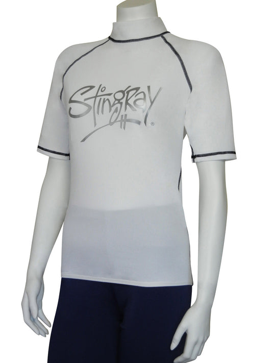 Best white Stingray adult short sleeve rash shirt - sport style with UPF 50+ sun protection, made from chlorine-resistant fabric with contrasting flatlock stitching.