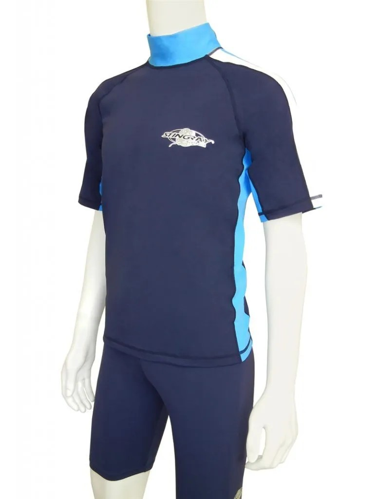 Best navy azure and white Stingray adult short sleeve rash shirt with UPF 50+ sun protection, made from chlorine-resistant fabric, providing comfort for outdoor and water activities.